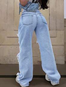 Women's Custom Double Layer Ripped Street Straight Jeans - 淺色水洗藍 - 查看 2