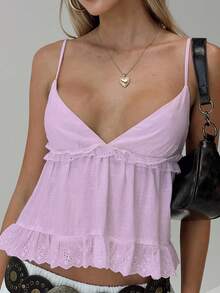 Women Y2K Floral Embroidery Babydoll Tops Fairycore Eyelet Spaghetti Strap Crop Tank Tops Sleeveless Backless Slim Fit Shirt Going Out Peplum Top Summer Streetwear Vintage Aesthetic Clothes - 粉色 - 查看 1