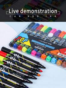 1pc 12 Colors/8 Colors Whiteboard Marker Pens, Large Capacity Refillable, Broad & Round Tip, For Teachers, Students, Drawing Boards, Writing