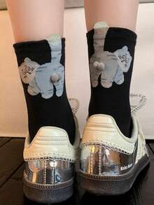 1/2/3双装卡通图案男女通用情侣运动中筒袜，春夏假日礼物 - 彩色 - 查看 9