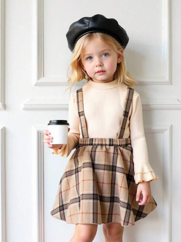 2pcs Girls Toddler Autumn/Winter Set, Brown Ribbed Long Sleeve Top Paired With Khaki Plaid Suspender Dress, Suitable For Casual Daily Wear
