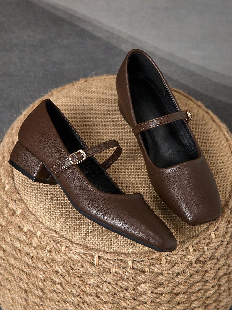 MonaNise Women's 3cm Cloth Covered Heel Black Fashion Versatile Navy Blue, Coffee, Burgundy Mary Jane Low Chunky Heel Elegant Flats - Coffee Brown - View 1