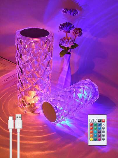 1pc Rose Crystal Table Lamp With Touch & Remote Control 16 Color Options, Adjustable Brightness , USB Powered, Suitable For Room, Stud Y, Party, Wedding, Romantic Atmosphere & Gift Lamp