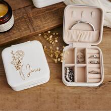 1pc Customized Birthday Flower & Name Women's Jewelry Box, Fashionable Personalized Leather Jewelry Organizer, Perfect Gift For Mother, Girlfriend, Anniversary, Mother's Day