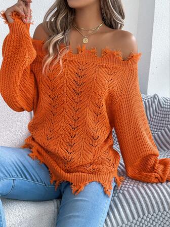 Women's Off Shoulder Sweater Frayed Hem Detail Long Sleeve Solid Pullover Fall Winter Resort Knit Luxe Halloween