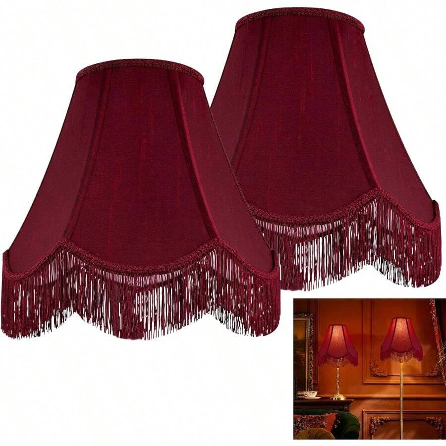 Set Of 2 Burgundy Silk Scalloped Lamp Shade Petal Edge Braid With Burgundy Fringe Trim 6x13x10.6 Spider Victorian Bell Lamp Shades Replacement Shades For Table Floor Lamps Easy Assembly - Màu Đỏ Sâu - Xem 1