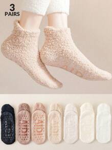 3 双/包女士纯色珊瑚绒硅胶防滑短袜，温暖毛绒柔软舒适家居袜