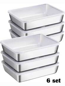 1pc/6pcs Large Rectangular Stainless Steel Food Storage Container With Leak Proof Lid, Stackable, Reusable, Transparent Lid, Hand Wash, Multi-Purpose Food Storage Box, Kitchen Storage Container, Suitable For Home And Outdoor Use, Home Decoration Storage, Christmas, Thanksgiving, Halloween