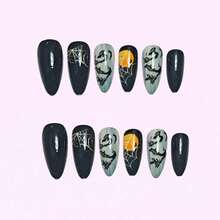 24 Pcs Halloween Press On Nails Medium Almond Fake Nails Black False Nails With Spider Web Design Artificial Acrylic Nails Press Ons Reusable Almond Nails Glue On Nails For Women,17114488 - 水鴨藍 - 查看 5