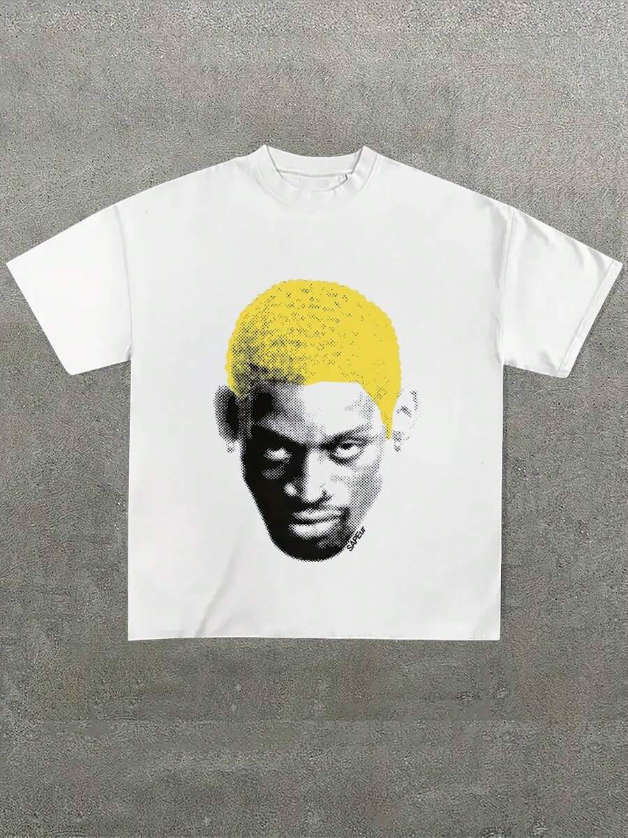 Yellow Hair Portrait Graphic Tee,Comfortable Casual Short Sleeve, 220 Grams Heavyweight Cotton Printed T-Shirt,Halloween - 白色 - 查看 1