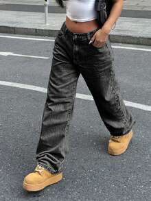 Medium Waist Women's Wide Leg Jeans In Plus Size, Straight Leg Shape, Loose Elastic, Comfortable, Classic And Casual With Pockets(The Size Is Too Large, It Is Recommended To Take A Smaller Size) - 灰色 - 查看 5