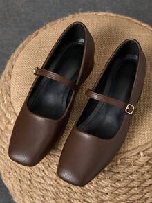 MonaNise Women's 3cm Cloth Covered Heel Black Fashion Versatile Navy Blue, Coffee, Burgundy Mary Jane Low Chunky Heel Elegant Flats - Coffee Brown - View 4