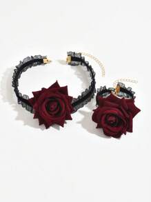 2pcs Vintage Rose Choker And Bracelet Set - Black Lace And Red Rose Jewelry Set For Girls - Gothic Lolita Jewelry Set