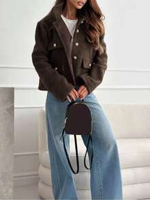 女士时尚翻领修身短款羊毛开衫外套，冬季 - 咖啡棕 - 查看 4