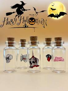 10/20pcs Mini Halloween Decoration Glass Wishing Bottles With Skull, Bat, Cork Stopper, DIY Craft, Wedding Gift, Wish Bottle, Halloween Party Favor, Random Assorted