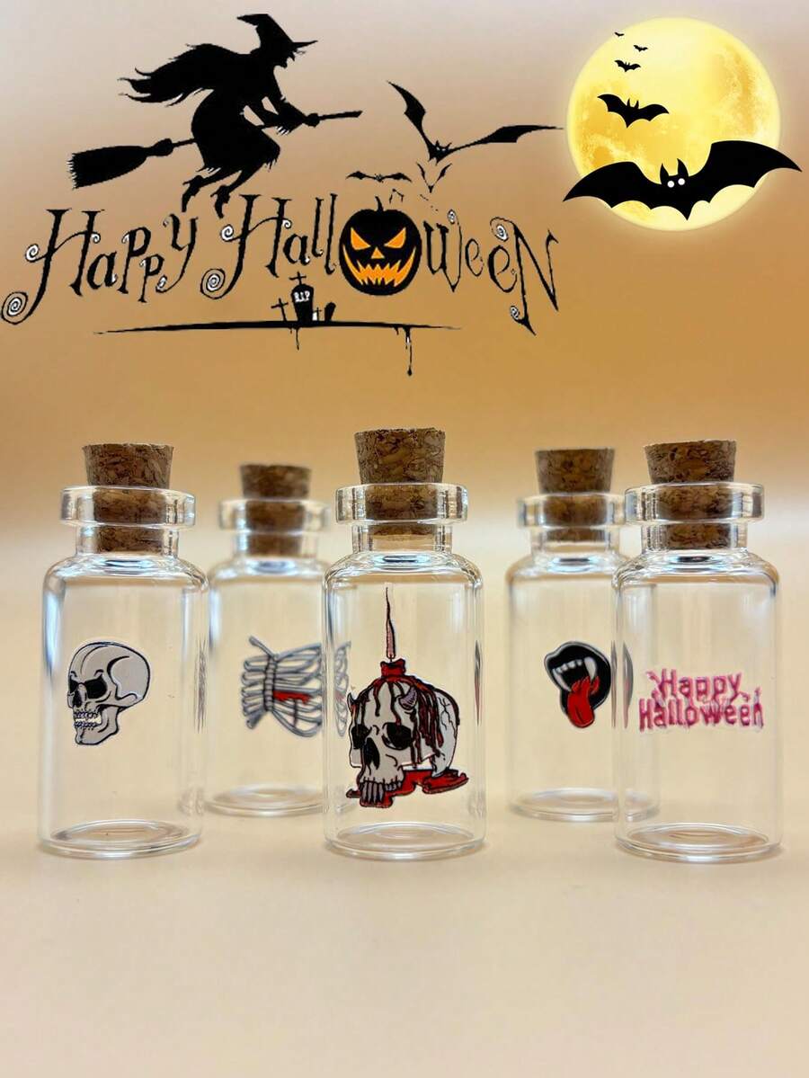10/20pcs Mini Halloween Decoration Glass Wishing Bottles With Skull, Bat, Cork Stopper, DIY Craft, Wedding Gift, Wish Bottle, Halloween Party Favor, Random Assorted