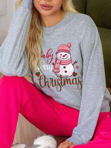 1件装女士休闲简约圣诞印花加厚圆领卫衣，温暖标语和雪人印花，蓬松舒适上衣 - 淺灰色 - 查看 2