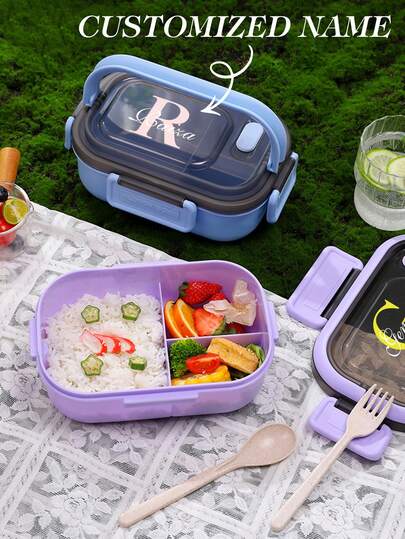 Personalized Customized Name Lunch Box (Free Fork, Spoon), Adult Or Child Boy And Girl Containers, 3 Compartments, Lunch Food Container With Cutlery, Sauce Jar, Pancake Liner, Microwave And Dishwasher , Back To School Lunch Box To Avoid Confusion