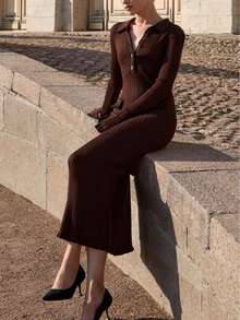 Vestido de suéter de punto elegante y casual, vestido maxi de suéter con bloque de color y cuello francés, vestido elegante y de moda para ir y venir, estilo vintage, atuendo de mujer para la calle y de vuelta a la escuela, adecuado para bodas, reuniones y fiestas - Café integral - Ver 6