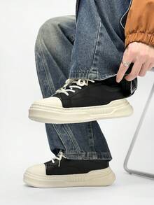 Wide Fit Men's Casual Sports Shoes Lace-Up Thick Sole Durable Sneakers, Fashion Solid Color Classics Versatile Trainers, Suitable For All Seasons