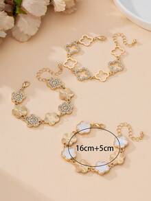 Set de 3 piezas de pulsera con dije de trébol de cuatro hojas hueco con strass de lujo para mujeres - Multicolor - Ver 6