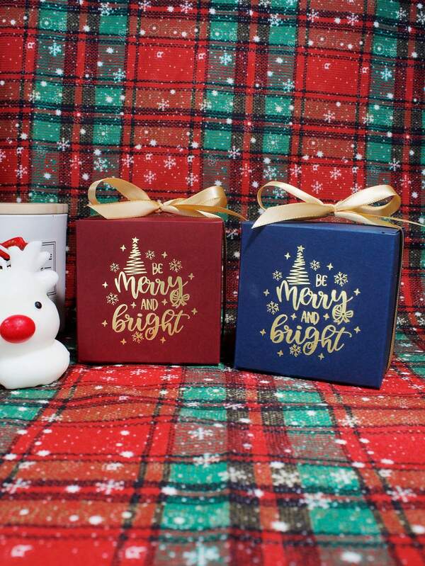 5pcs Christmas Gift Box With Ribbon Bow, Holiday Party Favor Packaging, Elegant Square & Rectangle Shape, Red And Navy Blue Boxes, "Be Merry And Bright" Print, Luxury Festive Wrapping For Small Presents, Candy Or Jewelry