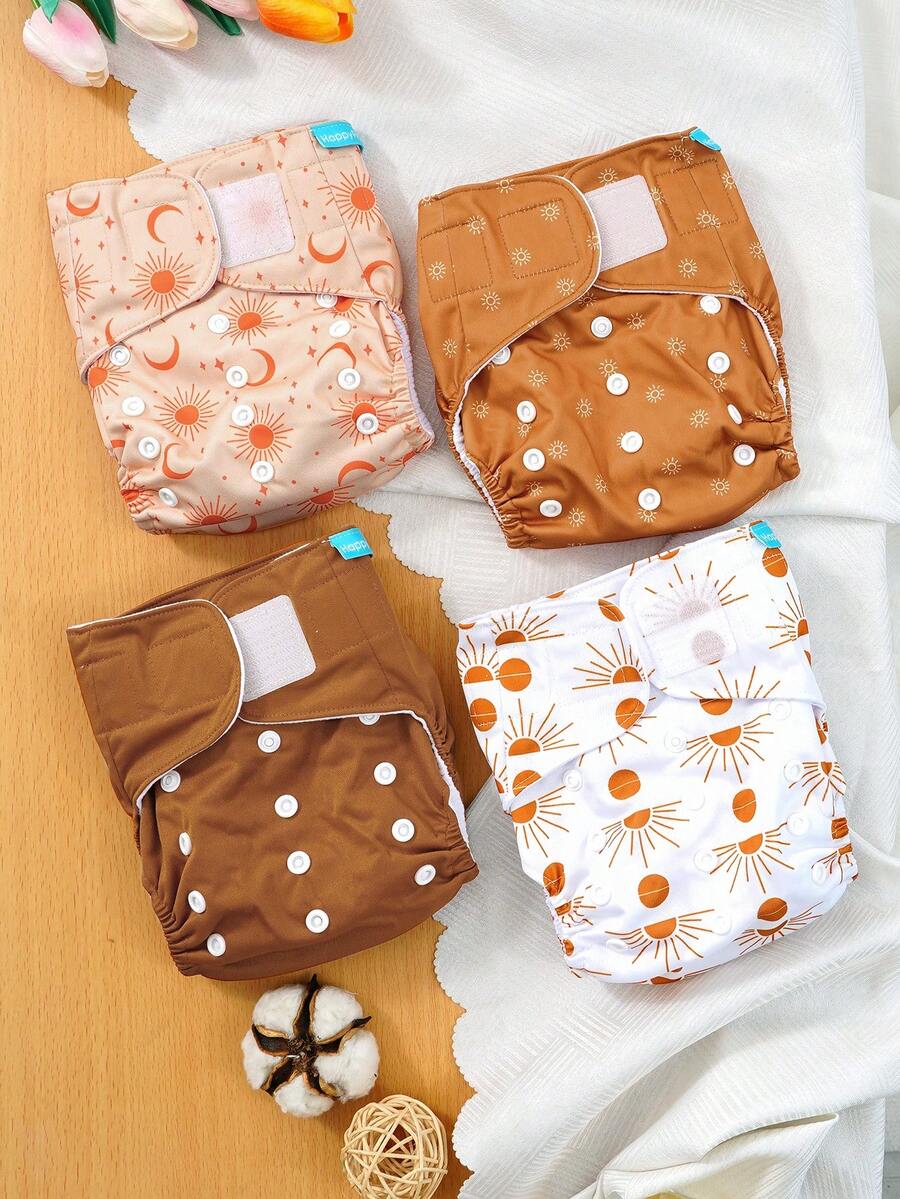 4 piezas de pañales para bebé impermeables y transpirables con diseño de gancho y bucle con estampado de sol y luna - Multicolor - Ver 1