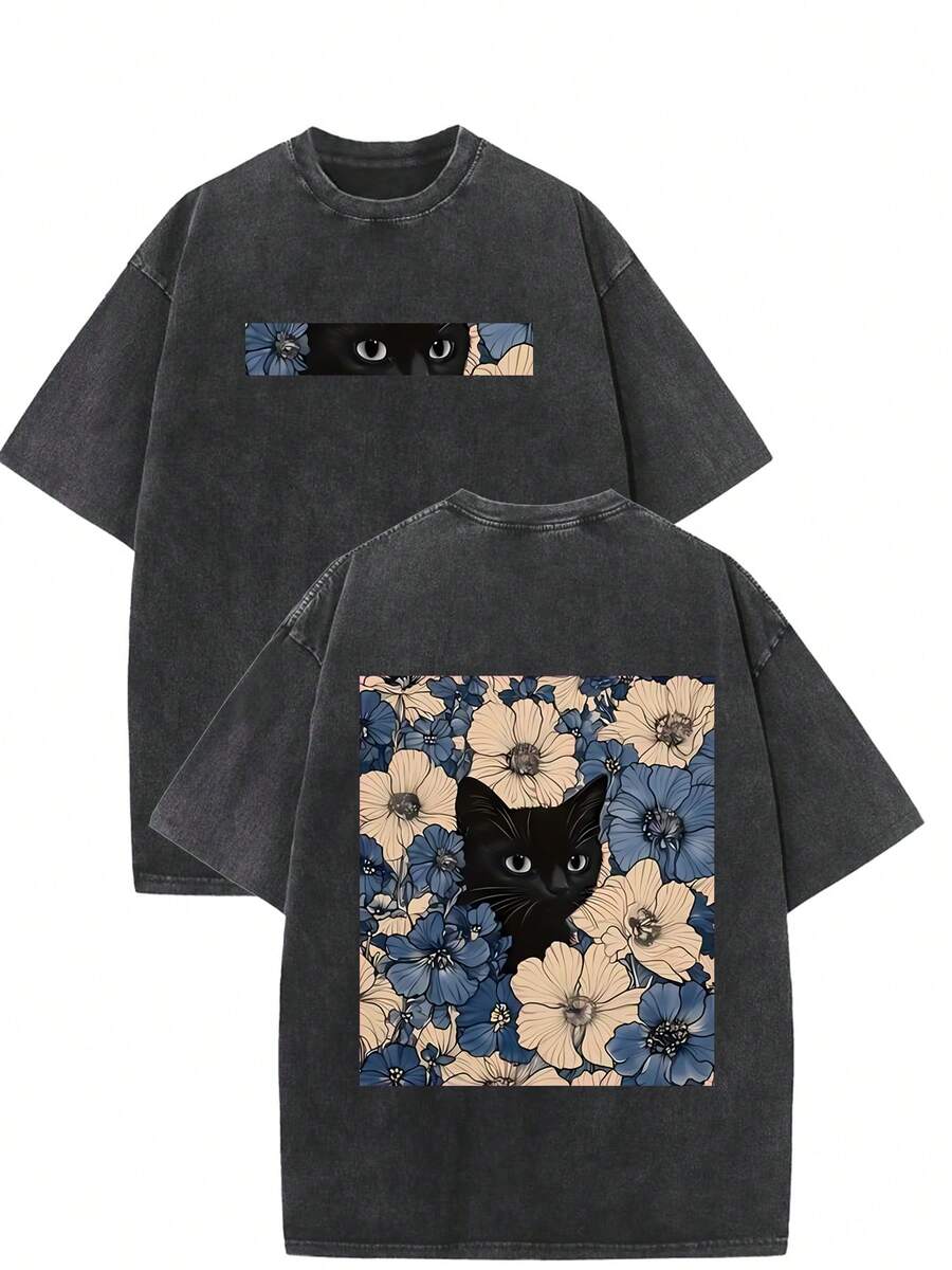Black Cat Floral Pattern, Fun Print, Vintage Washed Pure Cotton T-Shirt, Y2k Style, American Street Style, Suitable For Both Men And Women To Wear - 黑色 - 查看 1