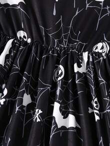 Mädchen Halloween Kleid mit Rüschen-Ärmeln, Stehkragen und Halloween-Grafik-Muster, lässig