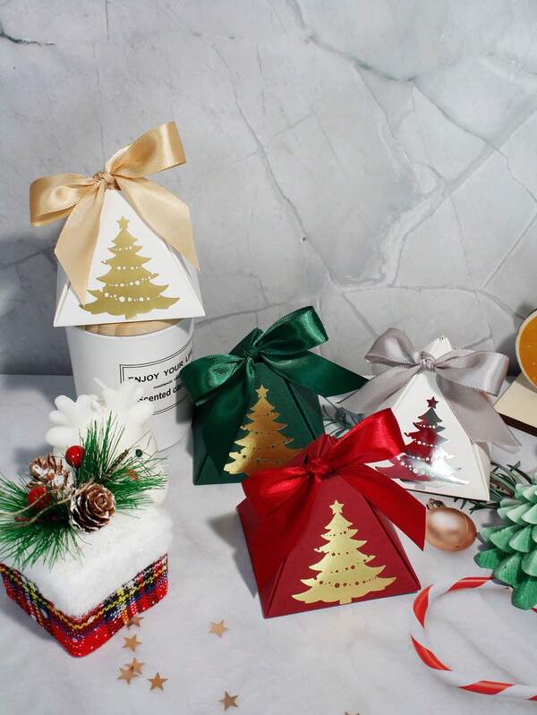 5pcs Christmas Tree Favor Boxes With Ribbon, Pyramid Candy Gift Box For Holiday Party, Xmas Wedding Treat Packaging, White Decorative Box With Metallic Gold Print
