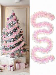 2 piezas, 200cm/78.74in Corona navideña brillante y metálica, corona de alambre metálico rosa con luces LED (blancas), cinta decorativa de peluche con lentejuelas, decoración colgante larga y brillante, adecuada para decoración navideña interior/exterior, fondo de fiesta. Decoración navideña, adorno de árbol de Navidad.