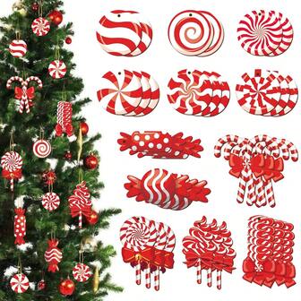 12pcs/24pcs/36pcs Christmas Candy Cane Ornaments - Red Wooden Hanging Decorations, Candy Cane, Lollipop, Mint Candy Pendants, Suitable For Christmas Tree, New Year Party, Home Decor. 12 Styles In Different Shapes Like Candy House, Lollipop, Mint Candy, Candy House Etc. These Lovely Candy Hanging Ornaments In Vibrant Red And White Colors Will Add More Christmas Atmosphere And Bring Joy And Happiness To Your Home Christmas Decorations Room Decor Winter