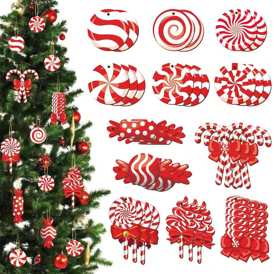 12pcs/24pcs/36pcs Christmas Candy Cane Ornaments - Red Wooden Hanging Decorations, Candy Cane, Lollipop, Mint Candy Pendants, Suitable For Christmas Tree, New Year Party, Home Decor. 12 Styles In Different Shapes Like Candy House, Lollipop, Mint Candy, Candy House Etc. These Lovely Candy Hanging Ornaments In Vibrant Red And White Colors Will Add More Christmas Atmosphere And Bring Joy And Happiness To Your Home Christmas Decorations Room Decor Winter