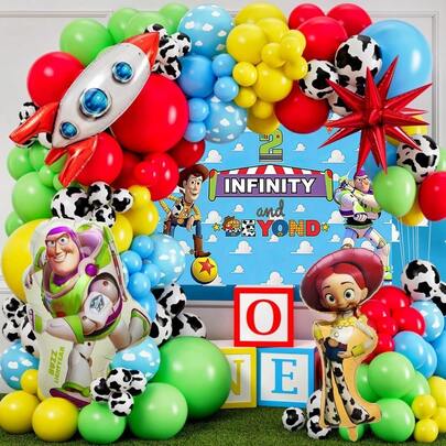 Arco de guirnalda de globos de , decoraciones de fiesta de cumpleaños de Woody y Buzz , set de globos con tema de  para decorar los lugares de fiestas de primer cumpleaños, celebraciones de graduación y fiestas de revelación de género