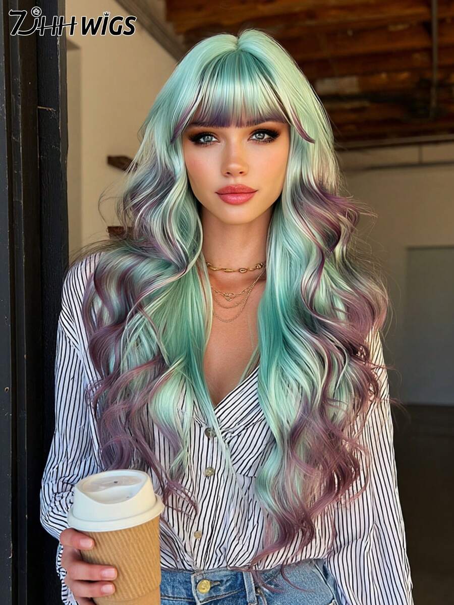 7JHH WIGS Lcy Green Purple Ombre Wigs Loose Extra Long Wavy Wigs For Women, Synthetic Wave Curly Wig With Bangs, Silky Soft Heat Resistant Fiber Hair For Halloween Cosplay Wear, Music Festivals Celebrations Party Use 30 Inch - 漸層藍色 - 查看 1