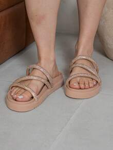 Women's  Flat Rhinestone Sandal, Delicate, Comfortable Blogger - Rose - View 2