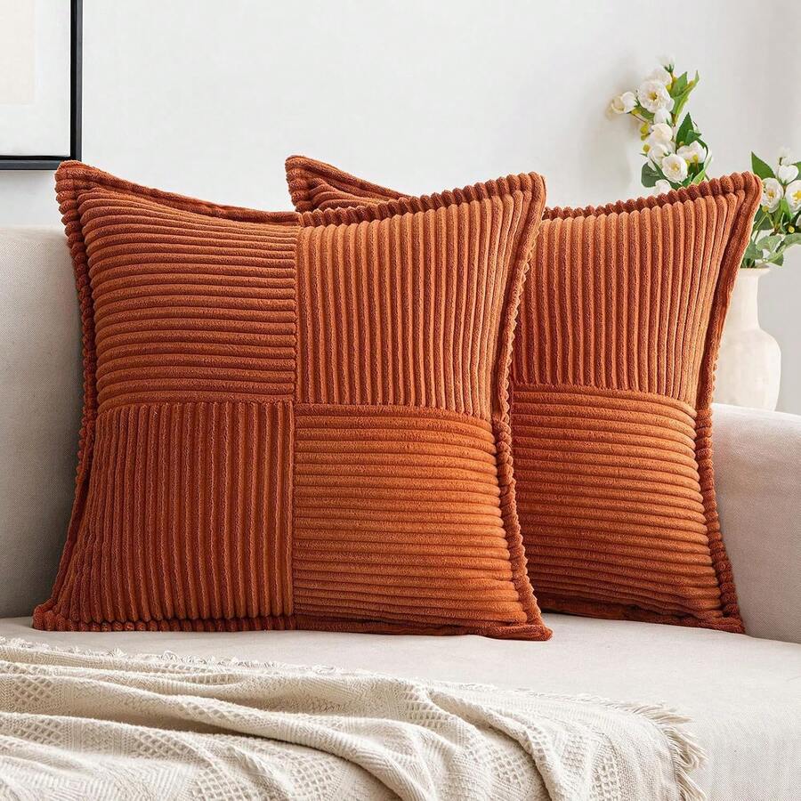 2 Packs Throw Pillow Covers Corduroy,Decorative Lumbar Pillow Covers, JOMWEN Soft Boho Striped Cushion Covers Couch Bed Sofa Livingroom (Rust, 45 X 45)
