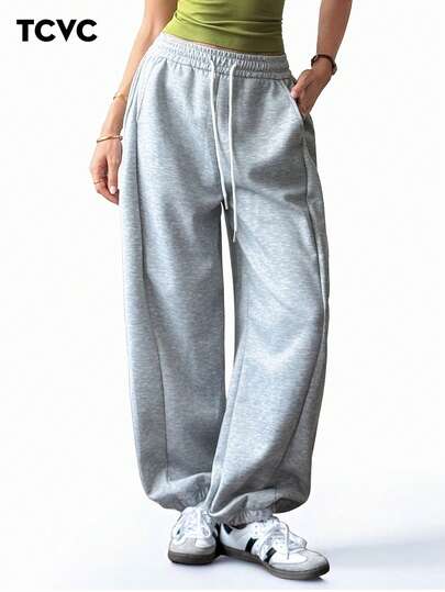 TCVC 女士休闲高腰抽绳宽松慢跑裤，高弹力腰带配抽绳，宽松舒适，适合运动、锻炼、上学、休闲穿着，也适合秋冬季搭配紧身裤。