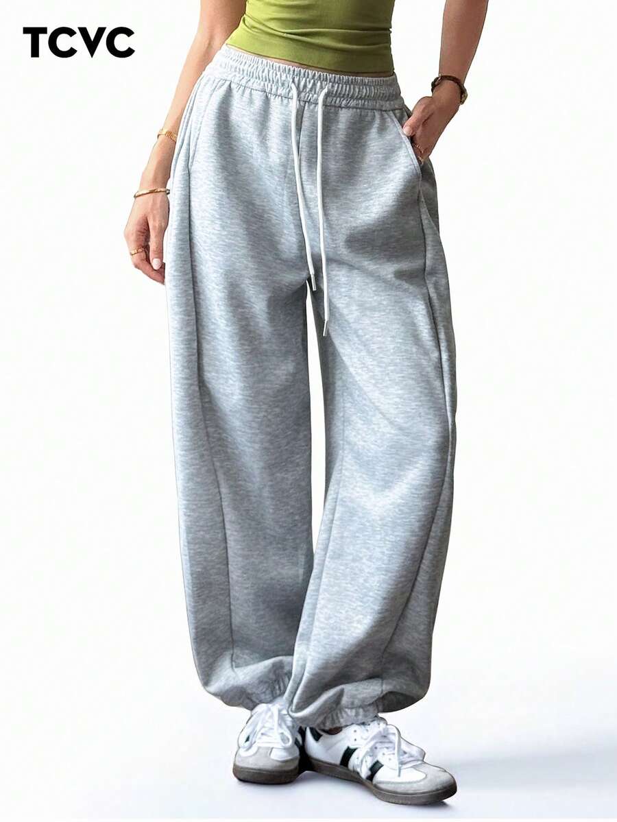 TCVC Women'S Casual High Waist Drawstring Loose Jogger Pants, High Elastic Waist With Drawstring, Loose & Comfortable For Sports, Exercise, School, Casual Wear, Suitable For Autumn/Winter Tights Spring - Dark Grey - View 1