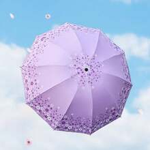 1pc Lightweight Portable Waterproof Umbrella, 10 Ribs Floral Pattern Folding Umbrella With Excellent UV Protection, Casual Lightweight Portable Waterproof Umbrella For Men And Women