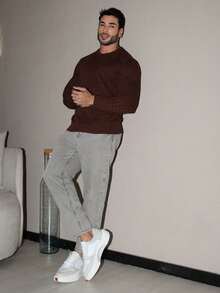 Men's Knitted Sweater, Long Sleeve, Solid Color, Autumn Winter, Chic, Elegant, Father's Day - Rỉ Nâu - Xem 4