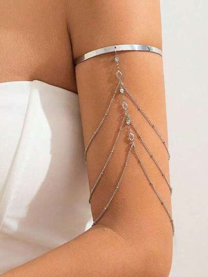 Boho Crystal Pendant Cuff Open Bangles For Women Wedding Bridal Goth Tassel Link Arm Bracelets Party Jewelry Gift