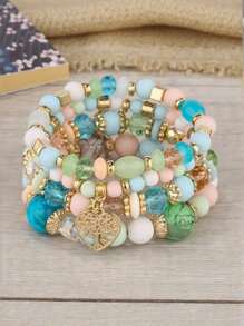 4 Pieces/Set Girls Bohemian Multi-Layer Elastic Crystal Love Tassel Simple Versatile Mother's Day Gift Bracelet