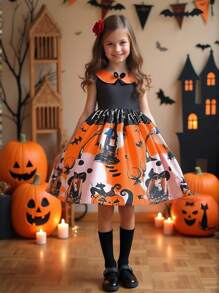 万圣节派对小女孩图案缎面连衣裙，配有包（不包括头带），图案方向随机