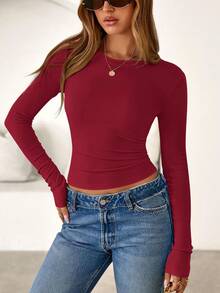 Women Spring And Fall Long Sleeve Shirts Ribbed Crewneck Fitted Basic Tee Going Out Tops Casual Workout Vacation Outfits - 紅色 - 查看 4