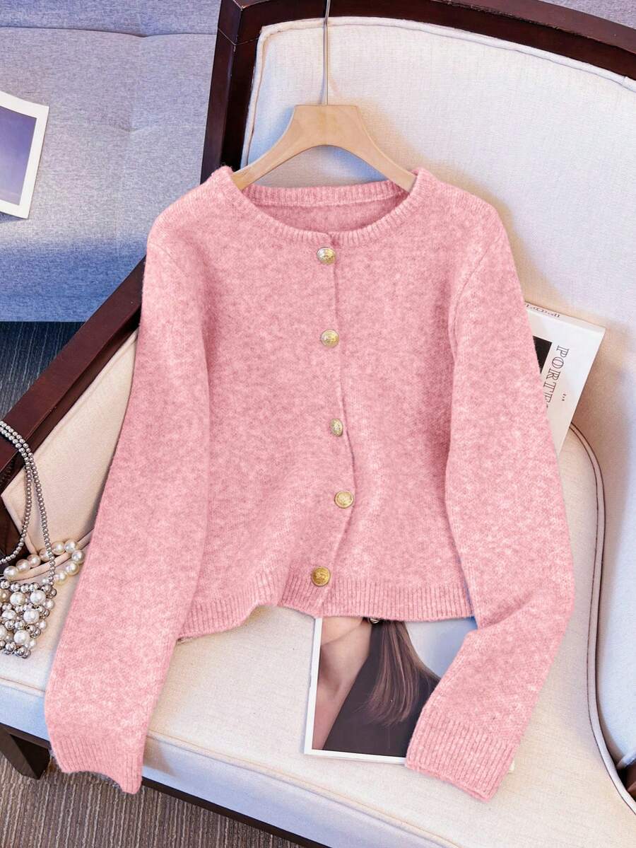 1 Stück einfarbige Strickjacke mit Knöpfen vorne, rundem Ausschnitt, lässiger Passform, minimalistisches Design mit Metallknöpfen, Langarm Pullover, vielseitig tragbar für Frühling/Herbst Outfits für Frauen
