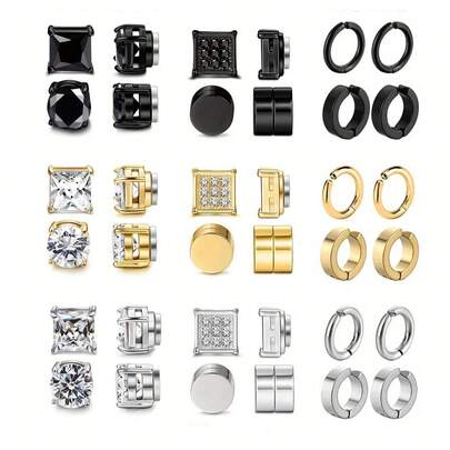 6 Pairs Shiny Cubic CZ Stainless Steel Magnetic Non-Piercing Stud Earrings Set For No Ear Holes Simple Hoop Ear Clips For Men Women Birthday Party Holiday Jewelry Gifts For Friends