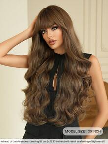 7JHH WIGS Brown Highlight Wigs Loose Extra Long Wavy Wigs For Women, Synthetic Wave Curly Wig With Bangs, Silky Soft Heat Resistant Fiber Hair For Daily Wear, Music Festivals Celebrations Party Use 30 Inch - 亞麻棕 - 查看 3