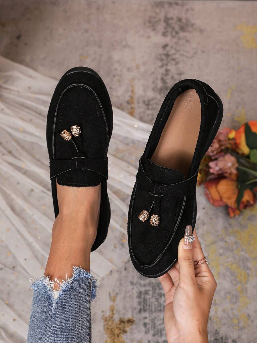 Nouvelles chaussures plates pour femmes de couleur unie, avec décoration de nœud papillon. Chaussures plates élégantes pour le port intérieur et extérieur, automne/hiver - Noir - Voir 1