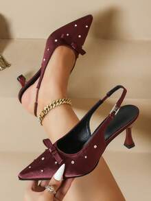 Zapatillas de satén con lazo y punta cerrada para mujer, zapatos de tacón alto con rhinestones y punta puntiaguda, elegantes bailarinas - Burdeos - Ver 2